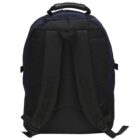 A black and navy blue backpack shown from the back. It features adjustable black shoulder straps, a padded back panel, and a top handle for easy carrying.