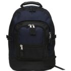 A large, black and navy blue backpack with multiple zippered compartments, a padded handle, and adjustable shoulder straps.