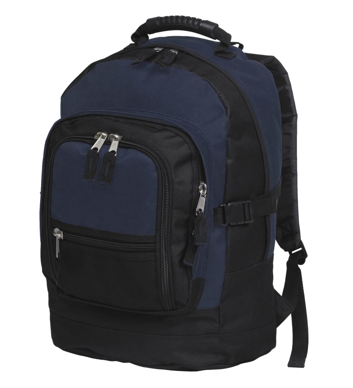 A dark blue and black backpack with multiple zippered compartments and a sturdy handle. It features adjustable shoulder straps and a small mesh pocket on the front.
