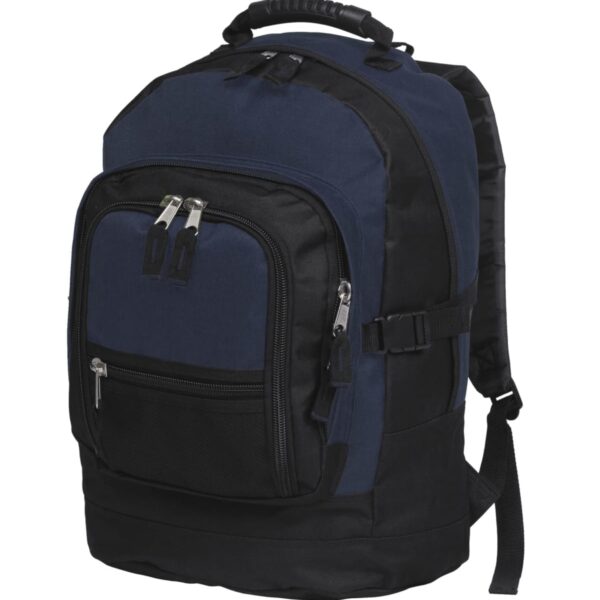 A large, sturdy backpack with a blue and black color scheme. It features multiple zippered compartments, a front mesh pocket, a top handle, and adjustable shoulder straps.