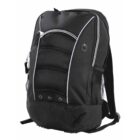 A black backpack with multiple compartments, a curved front zipper pocket, and side mesh pockets. The design features white piping accents and a small logo near the top.
