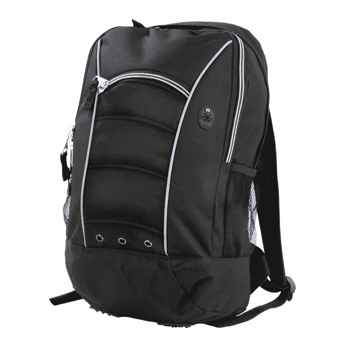 A black backpack with multiple compartments, a curved front zipper pocket, and side mesh pockets. The design features white piping accents and a small logo near the top.