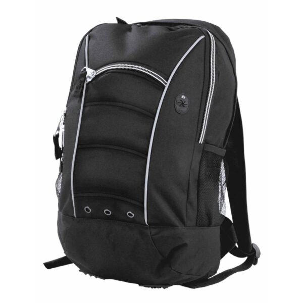 A black backpack with a sleek design, featuring a padded front panel, silver zippers, side mesh pockets, and a small logo near the top.