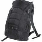A black backpack with multiple zippered compartments and a padded back. It features a front zipper pocket, side mesh pockets for bottles, and adjustable shoulder straps. The design is simple and functional.