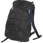 A black backpack with several zippered compartments, side mesh pockets, and padded shoulder straps. The bag is slightly tilted, showing its spacious design and functional features.