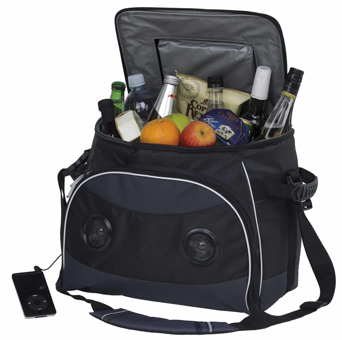 A black insulated cooler bag filled with assorted beverages, bottles, and fruits, including oranges and an apple. The bag features built-in speakers and an MP3 player on the side. The lid is open, showing the contents inside.