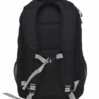 A black backpack with adjustable shoulder straps and a chest strap. The back is padded for comfort. There are mesh pockets on the sides.