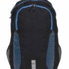 A black backpack with blue accents, featuring two main compartments with zipper closures. The sides have mesh pockets and there is a small handle at the top. The front has a reflective strip.