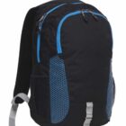 A black backpack with blue accents and white zippers. It features a honeycomb pattern on the sides and has two main compartments, mesh side pockets, and adjustable white straps.