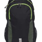 A black backpack with green accents and white details. It features multiple pockets, including a front zippered pocket and mesh side pockets. The top has a handle for easy carrying.