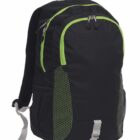 A black backpack with green accents, featuring a front zip pocket and two side mesh pockets. It has a white handle and adjustable straps, with a zippered main compartment.