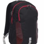 A black backpack with red accents and multiple zippered compartments. It has white straps and side mesh pockets, suitable for carrying books and personal items.