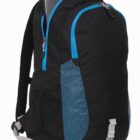 A black and blue backpack with a hexagonal pattern on the side pockets. A laptop is partially visible in the main compartment, and the backpack has a white strap looped at the bottom.