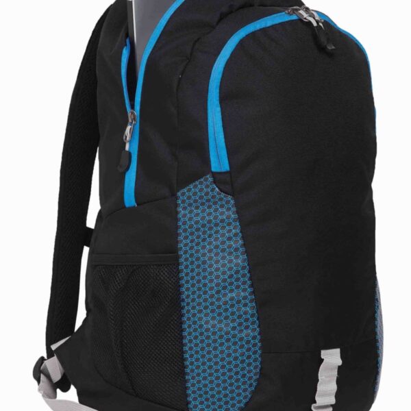A black backpack with blue accents and hexagonal pattern details on the sides. It has a laptop partially visible in the top compartment and features adjustable gray straps.