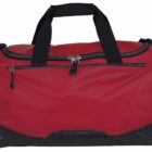 A red and black duffel bag with black handles and zippers. The bag has a main compartment and additional zippered pockets on the side.
