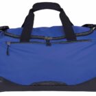 A blue duffel bag with black handles, zippers, and reinforced corners. It features multiple compartments and a sleek design, suitable for travel or sports use.