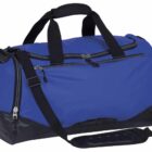 A blue and black duffel bag with multiple zippered compartments and black shoulder and hand straps, displayed against a plain white background.
