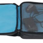 A laptop bag open to reveal a blue interior and a mesh pocket containing a black charger and cables. The bag is partially open with a visible black laptop on the right side.