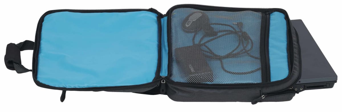 A laptop bag open to reveal a blue interior and a mesh pocket containing a black charger and cables. The bag is partially open with a visible black laptop on the right side.
