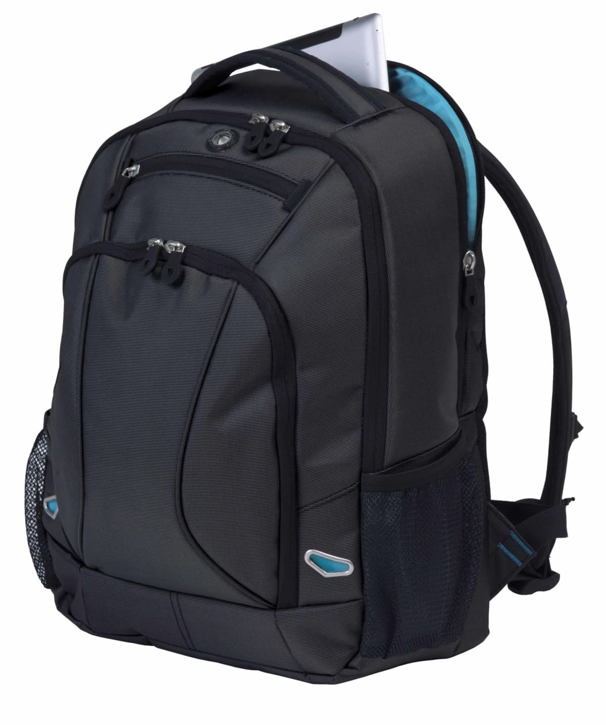 A sleek black and gray backpack with multiple compartments, sturdy zippers, a side mesh pocket, and a padded handle. A tablet is partially visible in one of the top compartments.