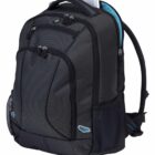 A black and gray backpack with multiple zippered compartments, a side mesh pocket, and padded shoulder straps. One compartment slightly open, revealing a silver laptop inside.
