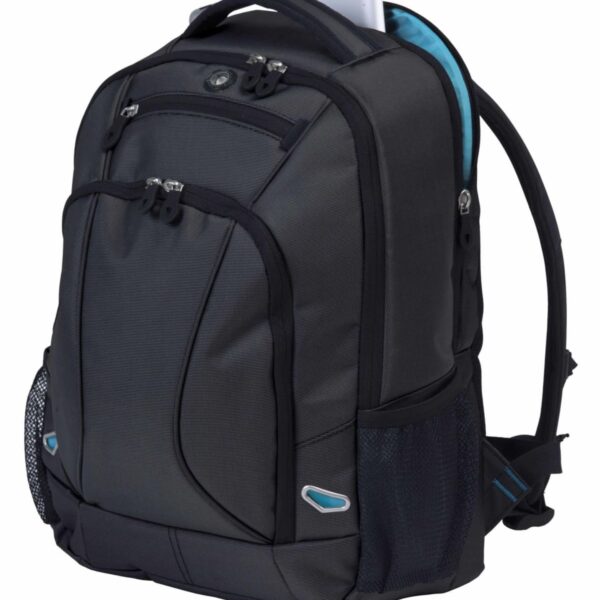A black and gray backpack with multiple zippered compartments, a side mesh pocket, and padded shoulder straps. One compartment slightly open, revealing a silver laptop inside.