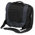 A black and dark gray messenger bag with a top handle and an adjustable shoulder strap. It features a front flap with two metal grommets and a buckle closure on the side.
