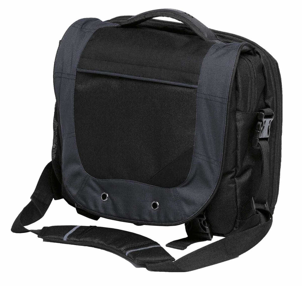 A black and dark gray messenger bag with a top handle and an adjustable shoulder strap. It features a front flap with two metal grommets and a buckle closure on the side.