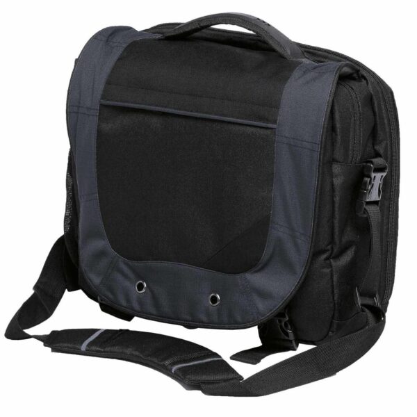 A black and gray messenger bag with a handle and an adjustable shoulder strap. The bag features a front flap with two metal eyelets and multiple compartments.