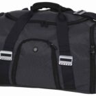 A black duffel bag with two sturdy handles, multiple zippers, and adjustable shoulder straps. The bag has a circular logo on the front with two silver accents. It features a front pocket and side pockets for extra storage.