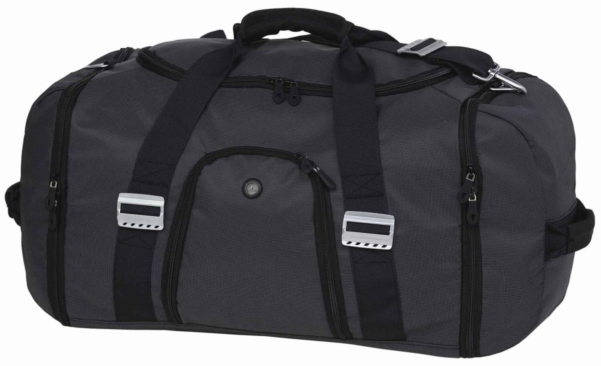 A black duffel bag with two sturdy handles, multiple zippers, and adjustable shoulder straps. The bag has a circular logo on the front with two silver accents. It features a front pocket and side pockets for extra storage.