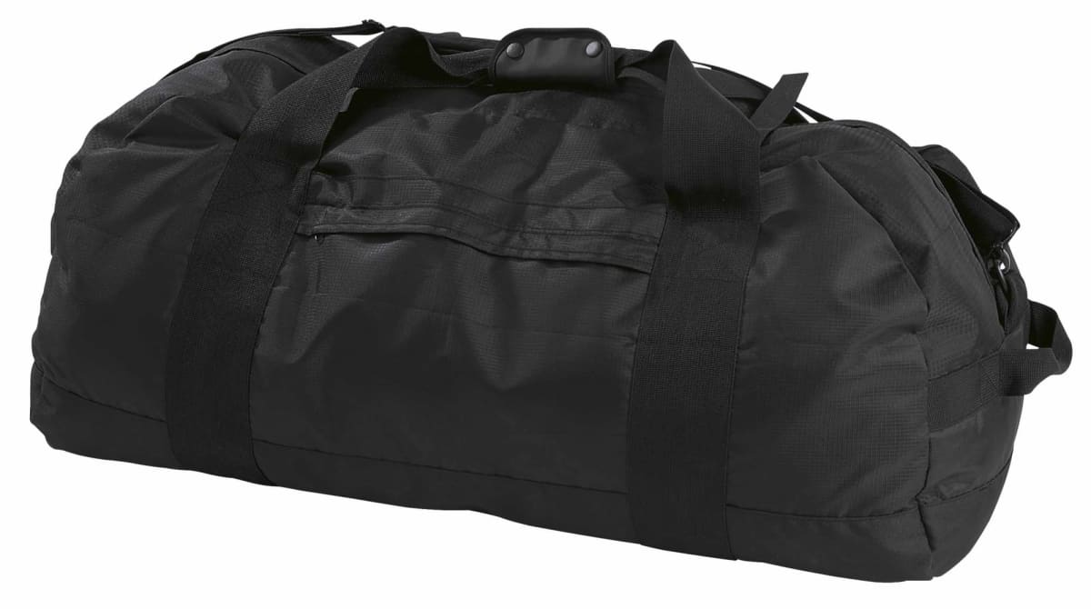 A large black duffle bag with sturdy handles and a zippered front pocket, designed for travel or sports.