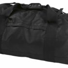 A large black duffel bag with sturdy handles and a side pocket, resting on a white background.