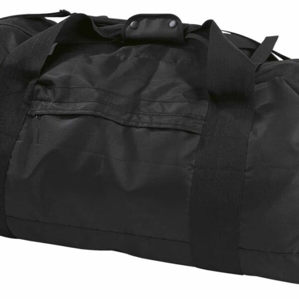 A large black duffel bag with sturdy handles and a side pocket, resting on a white background.