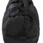 A large black duffel bag with sturdy straps and a side handle, positioned upright. The bag features a rugged, textured fabric and a secure clasp on one of the straps, suggesting durability and ample storage capacity.