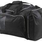 A black duffel bag with multiple compartments, two zippers, and sturdy straps. It features a mesh side pocket and white piping along the edges.
