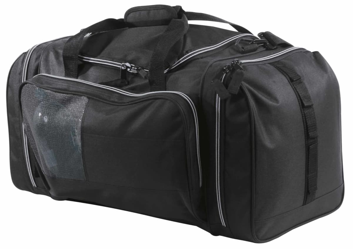 A black duffel bag with multiple compartments, two zippers, and sturdy straps. It features a mesh side pocket and white piping along the edges.