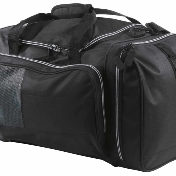 A large black sports bag with multiple compartments and zippers. The bag has a mesh pocket on one side and two sturdy straps for carrying.