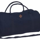 A dark navy duffel bag with two short handles and a long shoulder strap. The bag features a diamond-shaped brown leather patch in the center.
