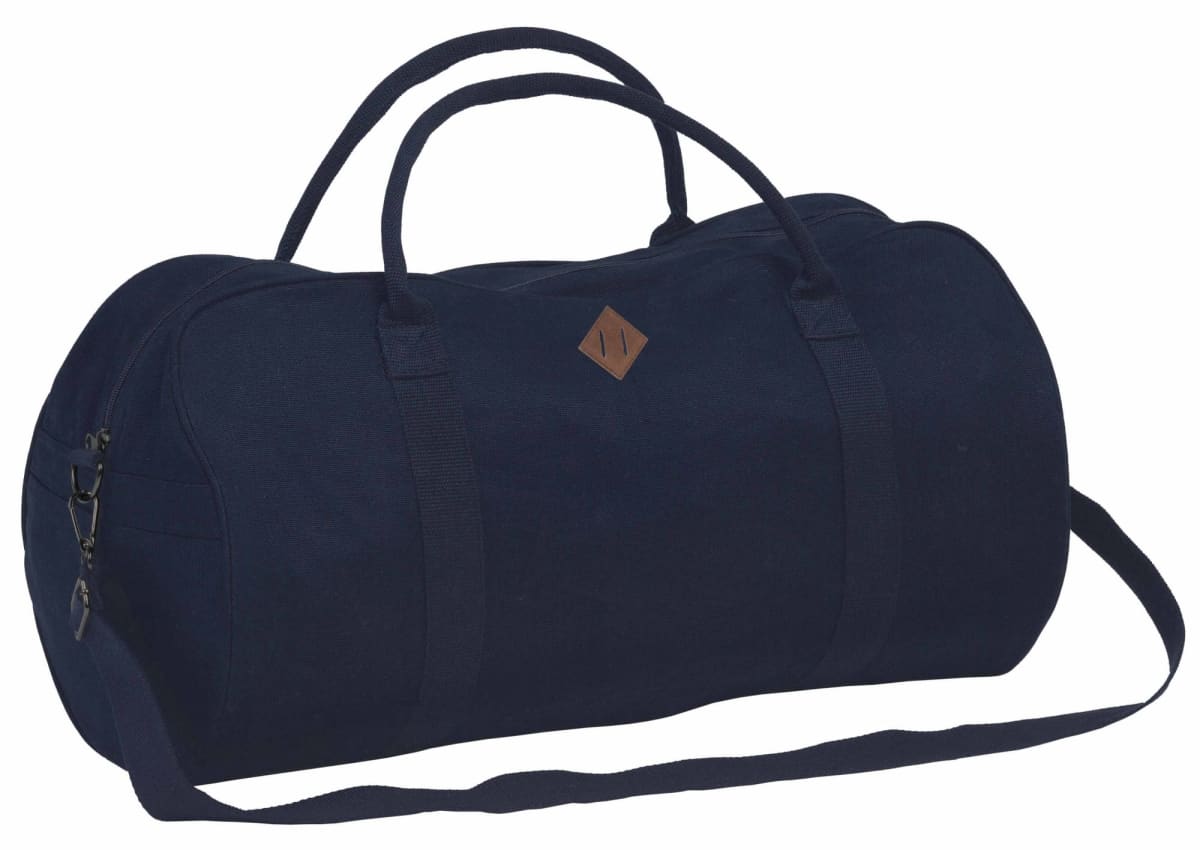 A dark navy duffel bag with two short handles and a long shoulder strap. The bag features a diamond-shaped brown leather patch in the center.