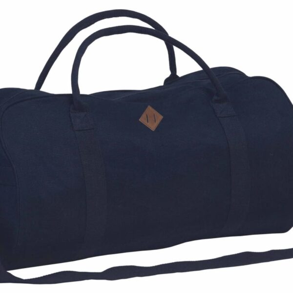 A black duffel bag with dual top handles and an adjustable shoulder strap, featuring a small logo patch on the side.