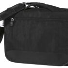 A black laptop bag with a shoulder strap and a zipper pocket on top. The bag has a sleek design with a reinforced bottom and detachable shoulder strap for easy carrying.