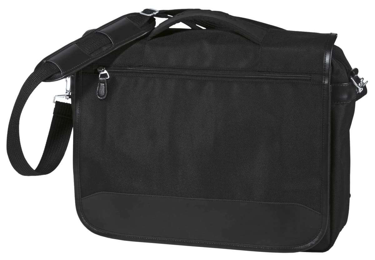 A black laptop bag with a shoulder strap and a zipper pocket on top. The bag has a sleek design with a reinforced bottom and detachable shoulder strap for easy carrying.