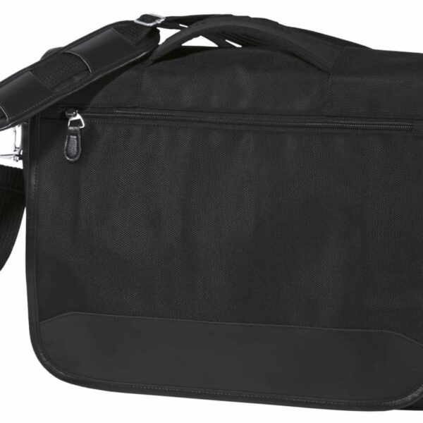 A black messenger bag with a front zipper pocket, adjustable shoulder strap, and carrying handle. The bag has a sleek design with subtle texture and simple black detailing.