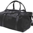 A black duffel bag with leather handles and a detachable shoulder strap. The bag is partially zipped open, revealing a spacious interior. A silver padlock hangs from one of the handles.