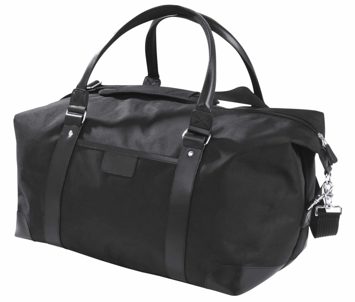 A black duffel bag with leather handles and a detachable shoulder strap. The bag is partially zipped open, revealing a spacious interior. A silver padlock hangs from one of the handles.