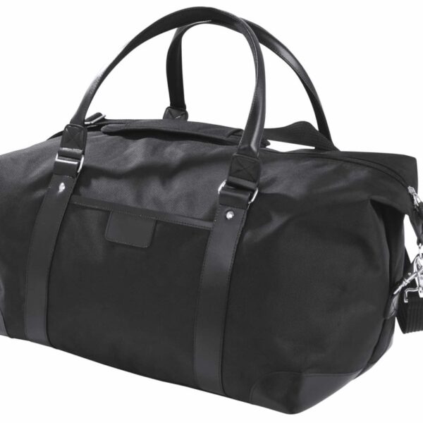 A large black duffel bag with leather straps and a zipper closure is shown. It has a sleek design with a compact padlock attached to the zipper, suitable for travel or sports use.