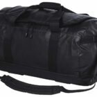 Black duffel bag with multiple handles and a detachable shoulder strap, featuring durable material and zippered compartments. The bag appears spacious, suitable for travel or sports use.