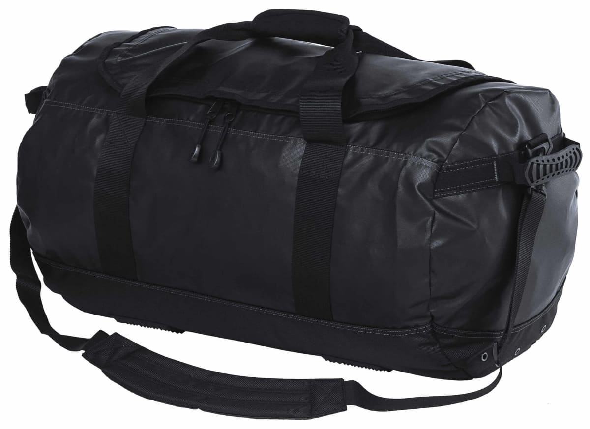 Black duffel bag with multiple handles and a detachable shoulder strap, featuring durable material and zippered compartments. The bag appears spacious, suitable for travel or sports use.