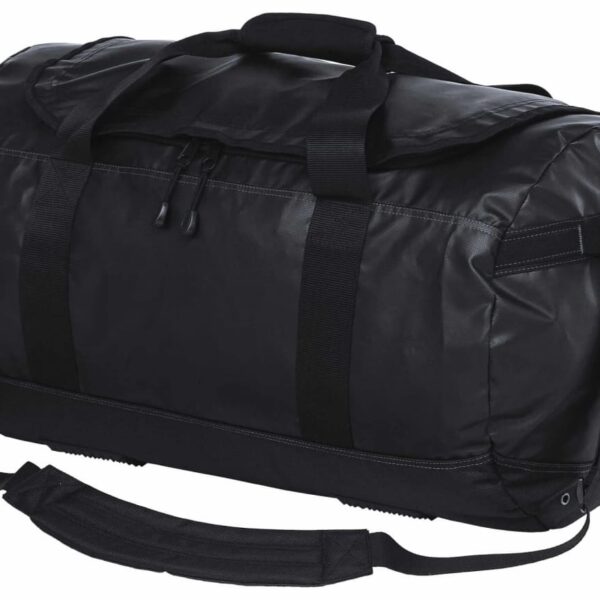 A large black duffel bag with sturdy handles and a detachable shoulder strap. The material appears water-resistant, with zippers on top for accessibility. The design is simple and functional, suitable for travel or sports gear.